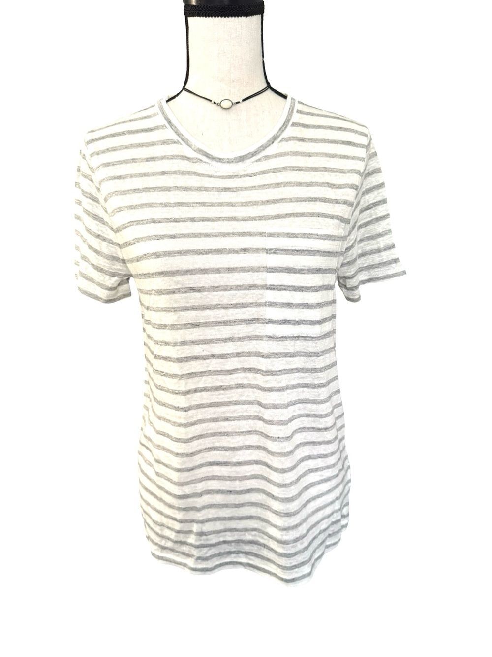 J.Crew 100% Linen Striped Pocket Tee Medium Gray White Short Sleeve Lightweight